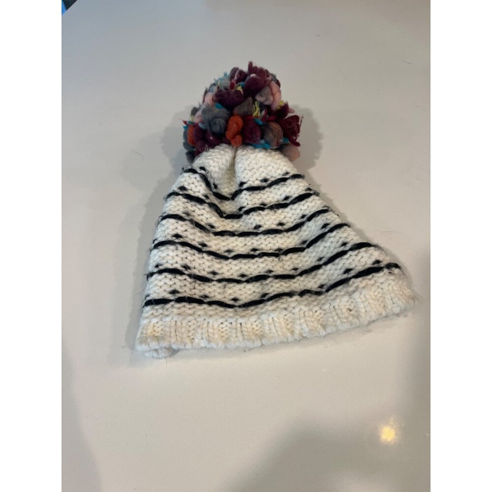 Nordstrom Hand-Knitted Striped Beanie With Colorful Pom-Pom